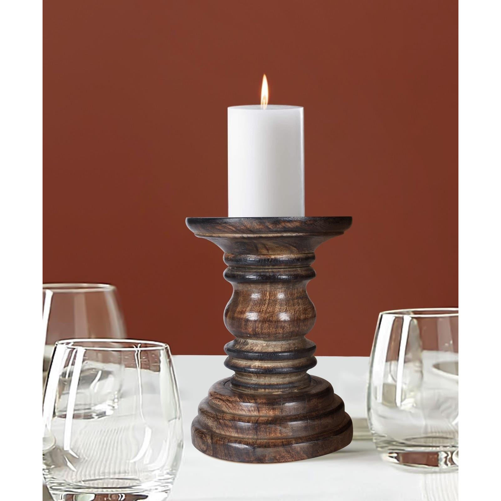 SET OF 2 Rustic Antique Carved Wooden Pillar Church Candle Holder,White Light,Medium 19cm - image 1
