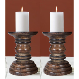 SET OF 2 Rustic Antique Carved Wooden Pillar Church Candle Holder,White Light,Medium 19cm - thumbnail 3