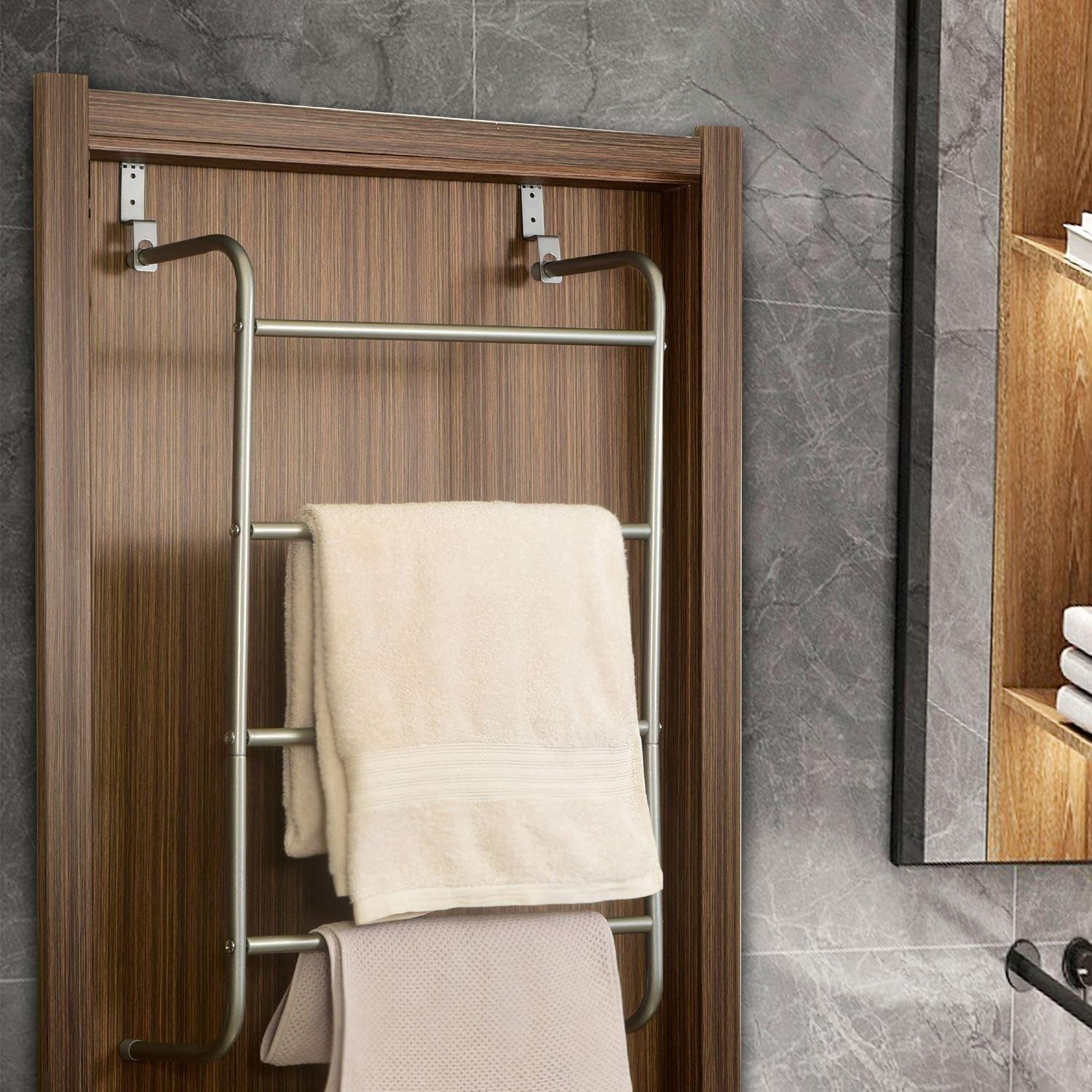 Over-Door Towel Rack 4-Tier Bathroom Silver Storage Hanger Rail Bath Hand Towels - image 1