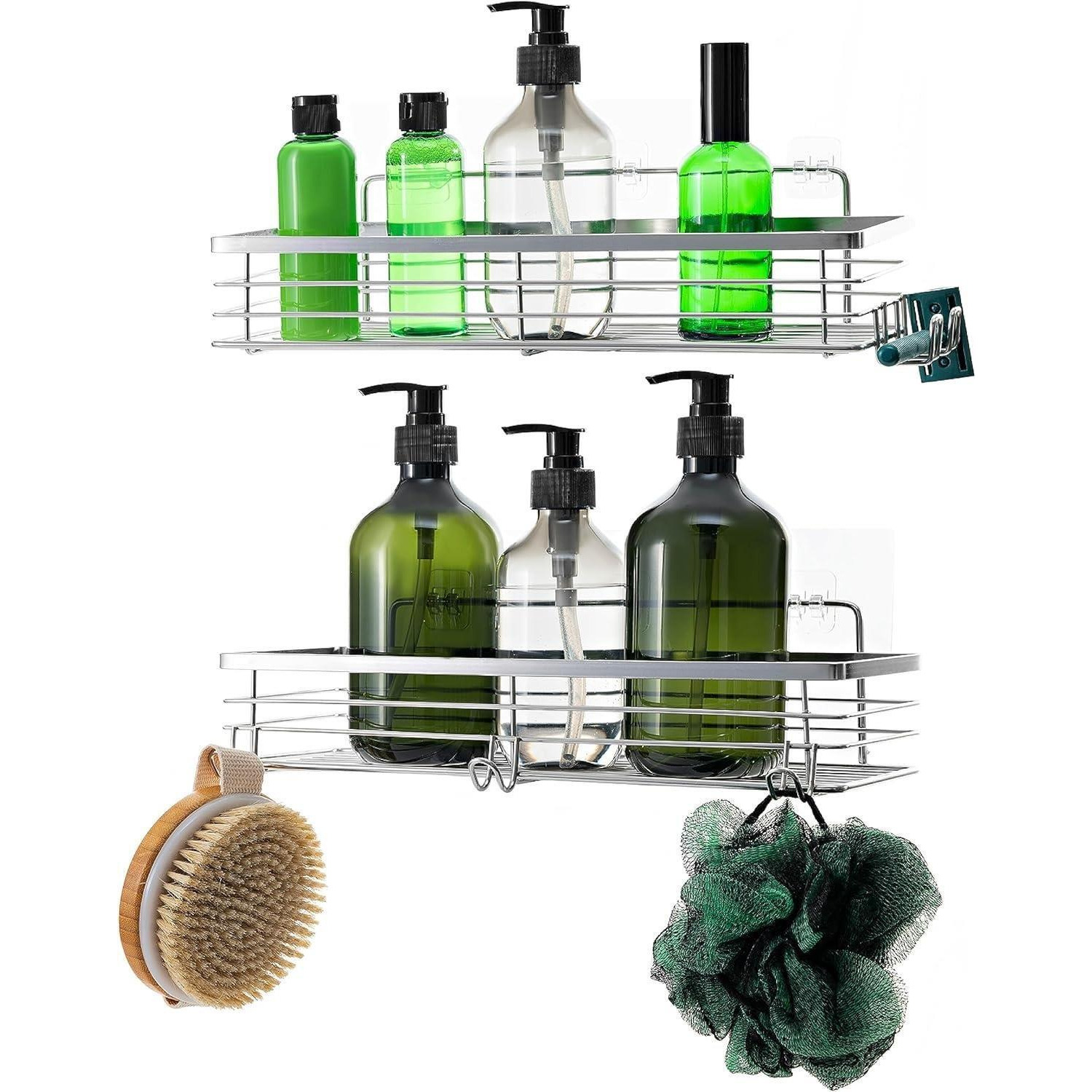 Shower Caddy Set x 2 Self Stainless Steel Adhesive Bathroom Shelves Rack Storage - image 1