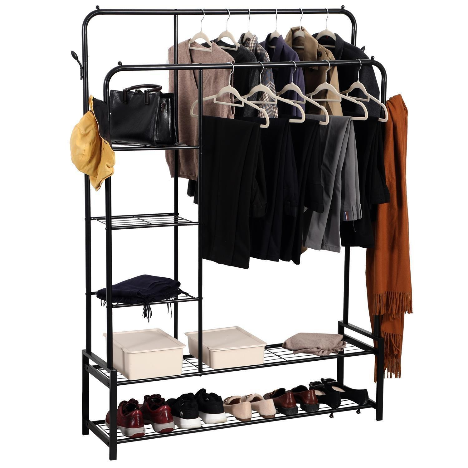 Double Clothes Rail Heavy Duty Freestanding with 2 Shoe Racks 3 Shelves 4 Hooks - image 1