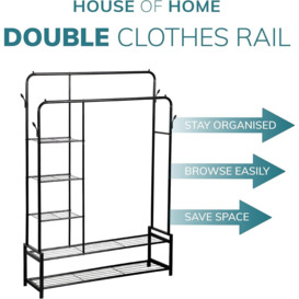 Double Clothes Rail Heavy Duty Freestanding with 2 Shoe Racks 3 Shelves 4 Hooks - thumbnail 3