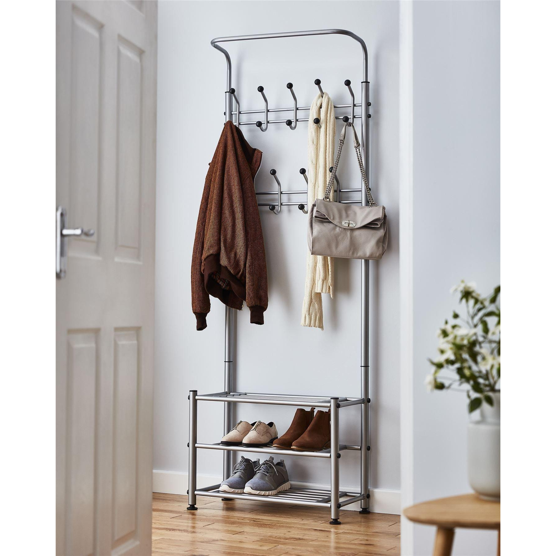 Clothes Stand Hallway Multi Purpose 18 Hooks Jackets Hats Bags 2 Shelves For Shoes - image 1