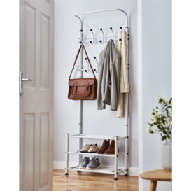 Clothes Stand Hallway Multi Purpose 18 Hooks Jackets Hats Bags 2 Shelves For Shoes White