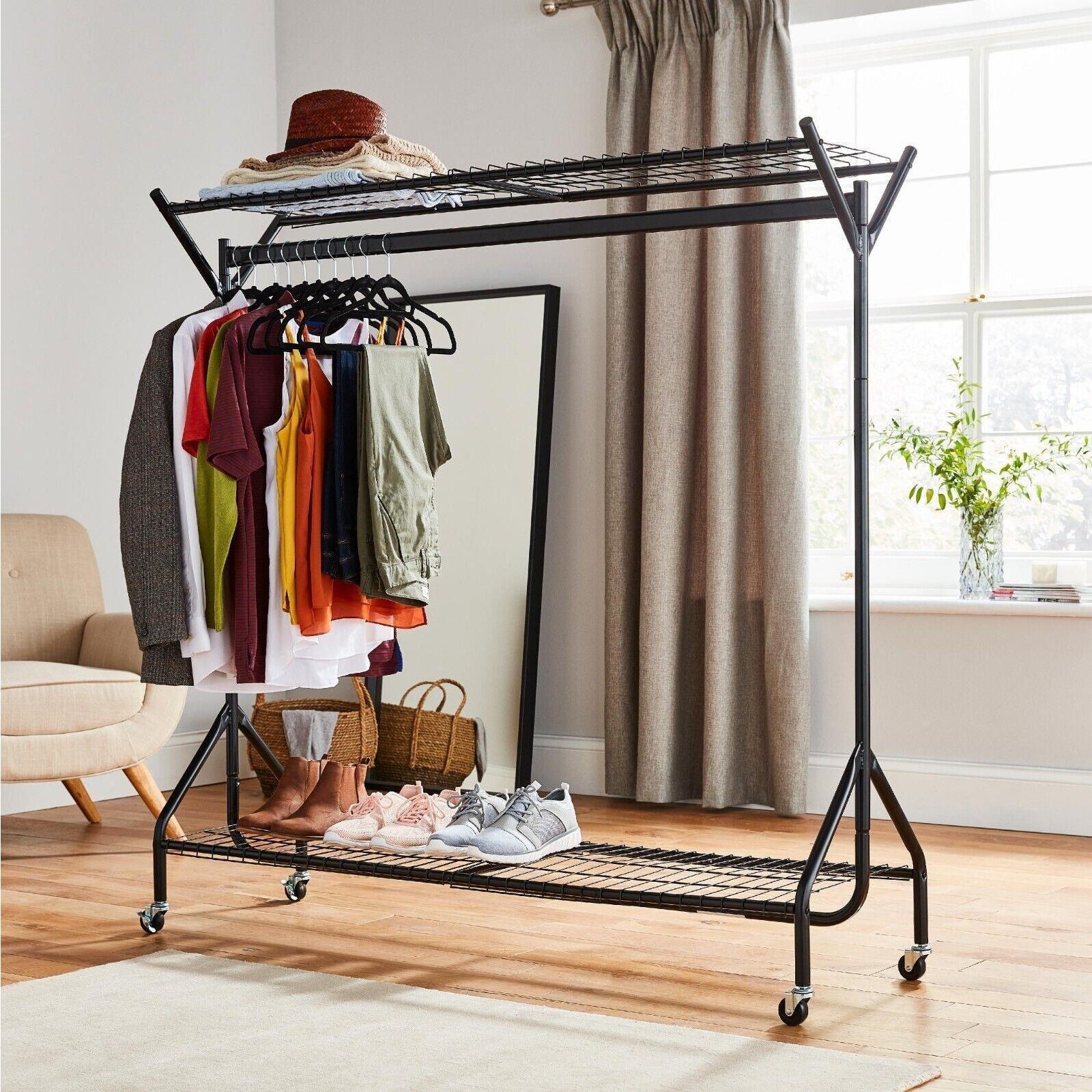 Clothing Rail Heavy Duty Hanging Clothes Shoe Hat Rack Shelves With Wheels 4ft x 5ft - image 1