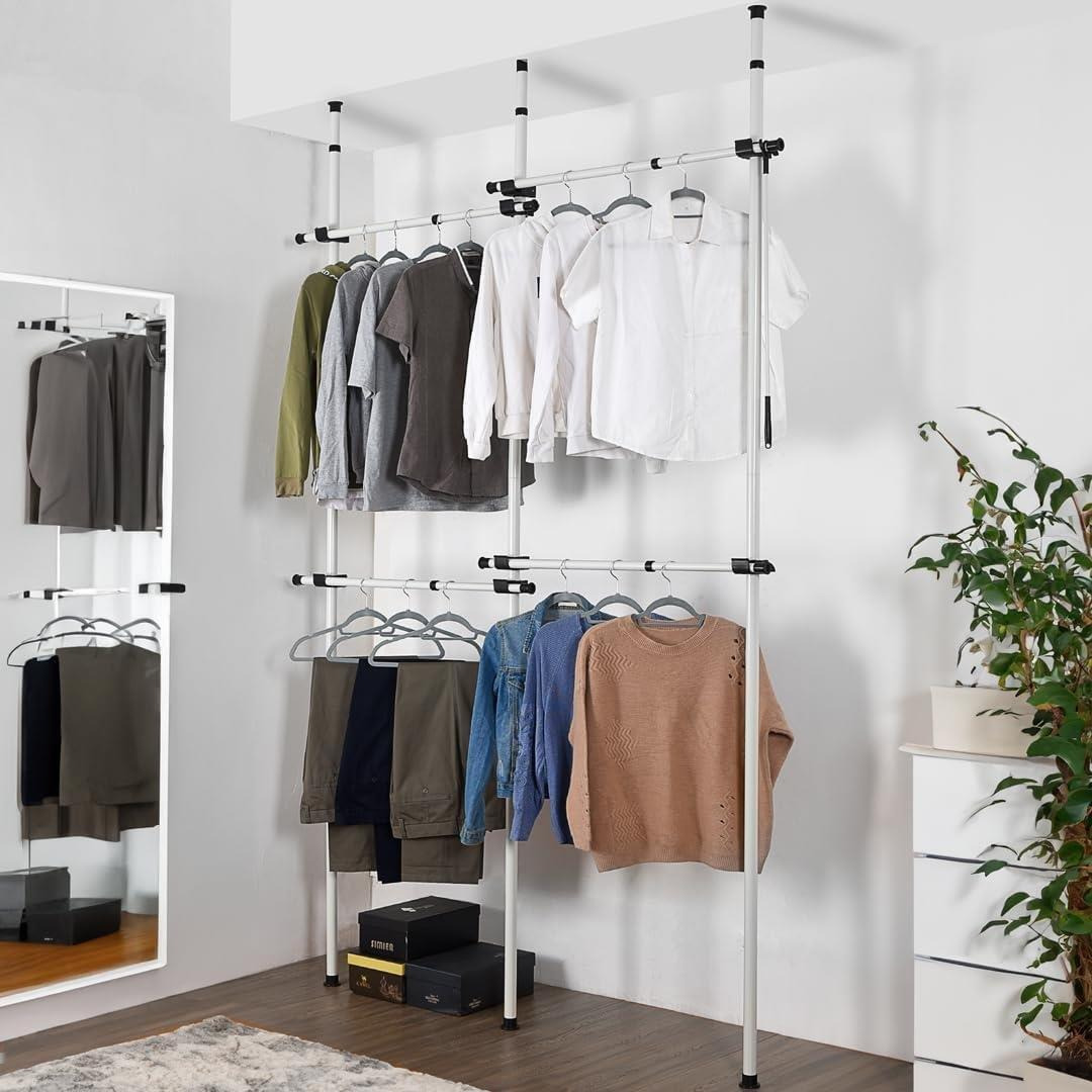 Telescopic Double Rail Clothes Wardrobe Organise Hanging Rack Adjustable Storage - image 1