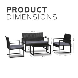 4pc Rattan Garden Furniture Outdoor Sofa Chairs Table Patio Set Grey Cushions - thumbnail 2