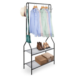 Clothes Rack With 2 Shoe Shelves Rail For Coats Jackets 4 Hanging Storage Hooks Black