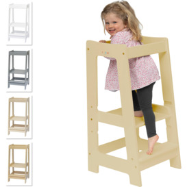 Montessori Toddler Tower Kitchen Wooden Helper Step Stool with Adjustable Steps and Safety Rail