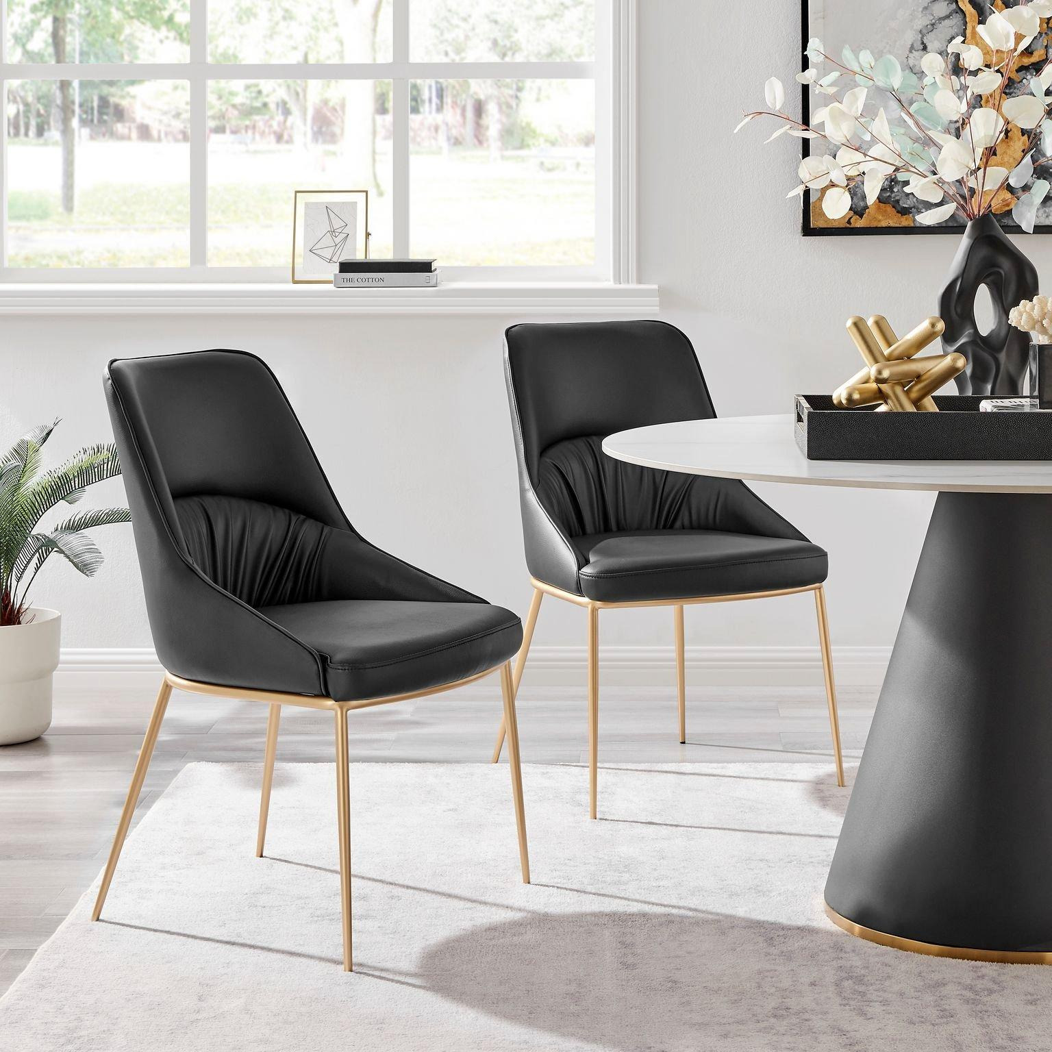 Modern Faux Leather Dining Chairs With Gold Metal Legs Set Of 2 ( Black or Beige ) - image 1