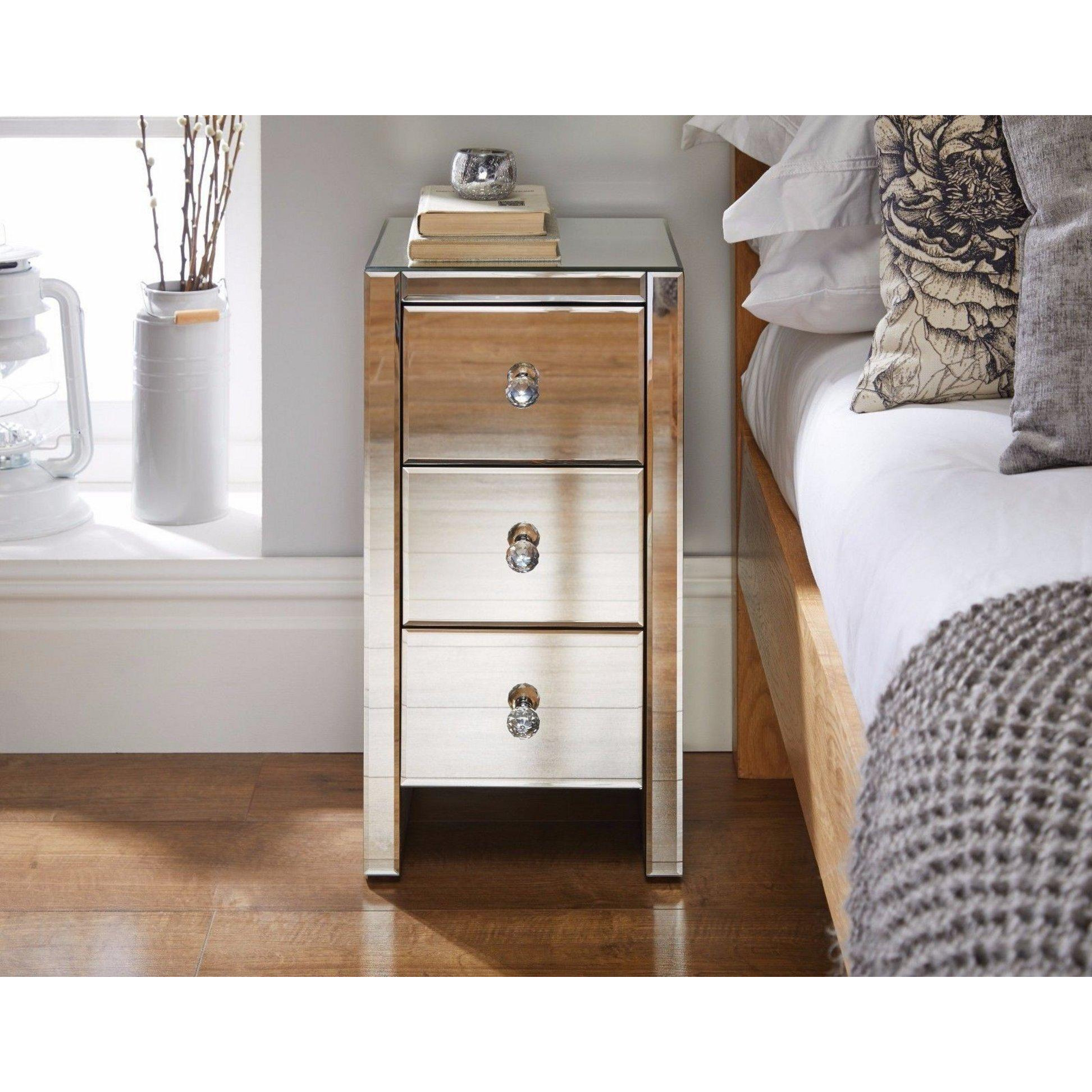 Murano Slim 3 Drawer Mirrored Square bedside Table With Crystaline Shaped Handles - image 1