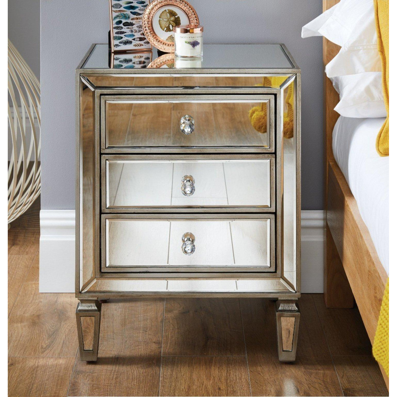 Venice Contemporary 3 Drawer Silver Framed Mirrored Bedside TableWith Crystaline Shaped Handles - image 1