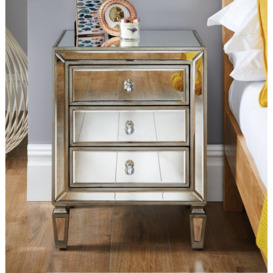 Venice Contemporary 3 Drawer Silver Framed Mirrored Bedside TableWith Crystaline Shaped Handles - thumbnail 1