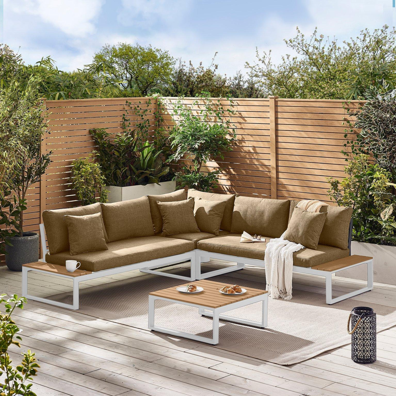 Dubai Metal & Wood Effect 6 Seat Outdoor Garden Corner Sofa & Coffee Table, Modern Garden Furniture Set - image 1