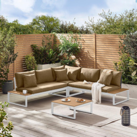 Dubai Metal & Wood Effect 6 Seat Outdoor Garden Corner Sofa & Coffee Table, Modern Garden Furniture Set - thumbnail 1