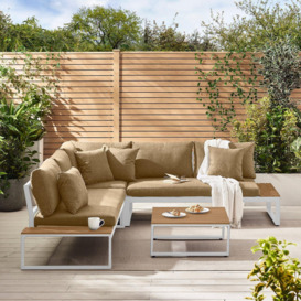 Dubai Metal & Wood Effect 6 Seat Outdoor Garden Corner Sofa & Coffee Table, Modern Garden Furniture Set - thumbnail 2