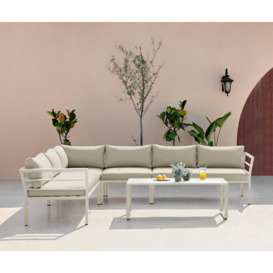 Montenegro White Metal 6 Seat Outdoor Garden Sofa Set, Taupe Cushions, 6 seat corner sofa + metal coffee table - thumbnail 2