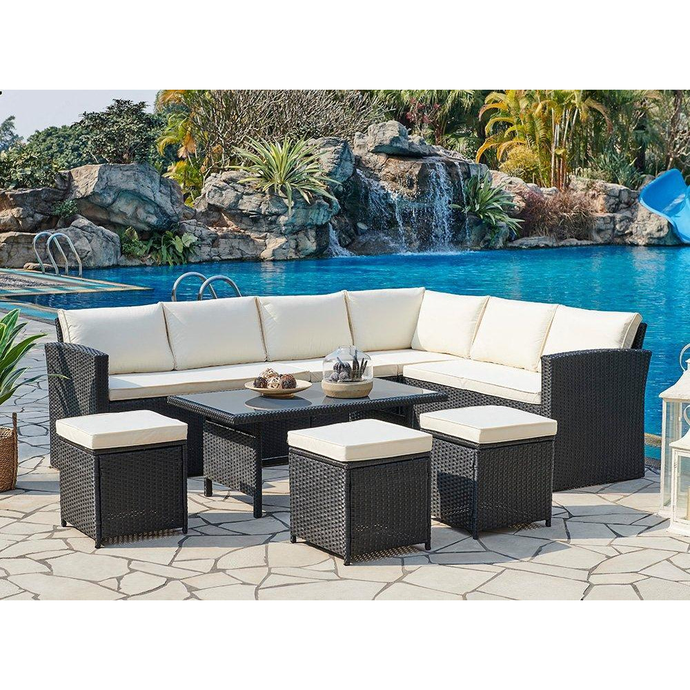 Kos Rattan Corner Group Garden Furniture Set Outdoor Coffee Table Sofa Stool - image 1