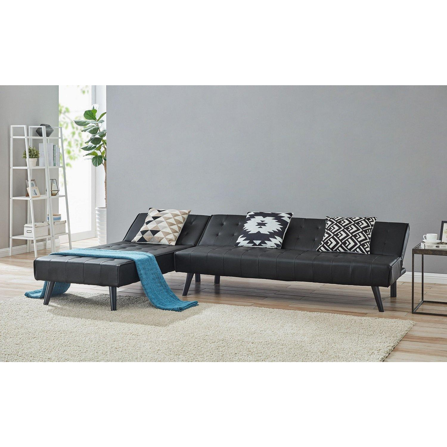 Dawson L-Shaped Faux Leather Sofa Bed With Tufted Detail and Chaise Section and Black Legs - image 1