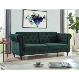 Calgary Velvet Sofa Bed Chesterfield Design With Scroll Armrests and Wooden Legs