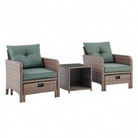 Grenada Garden Armchair Rattan Garden Furniture Set with Side Table Hide Away Footstools Green Cushions - thumbnail 3