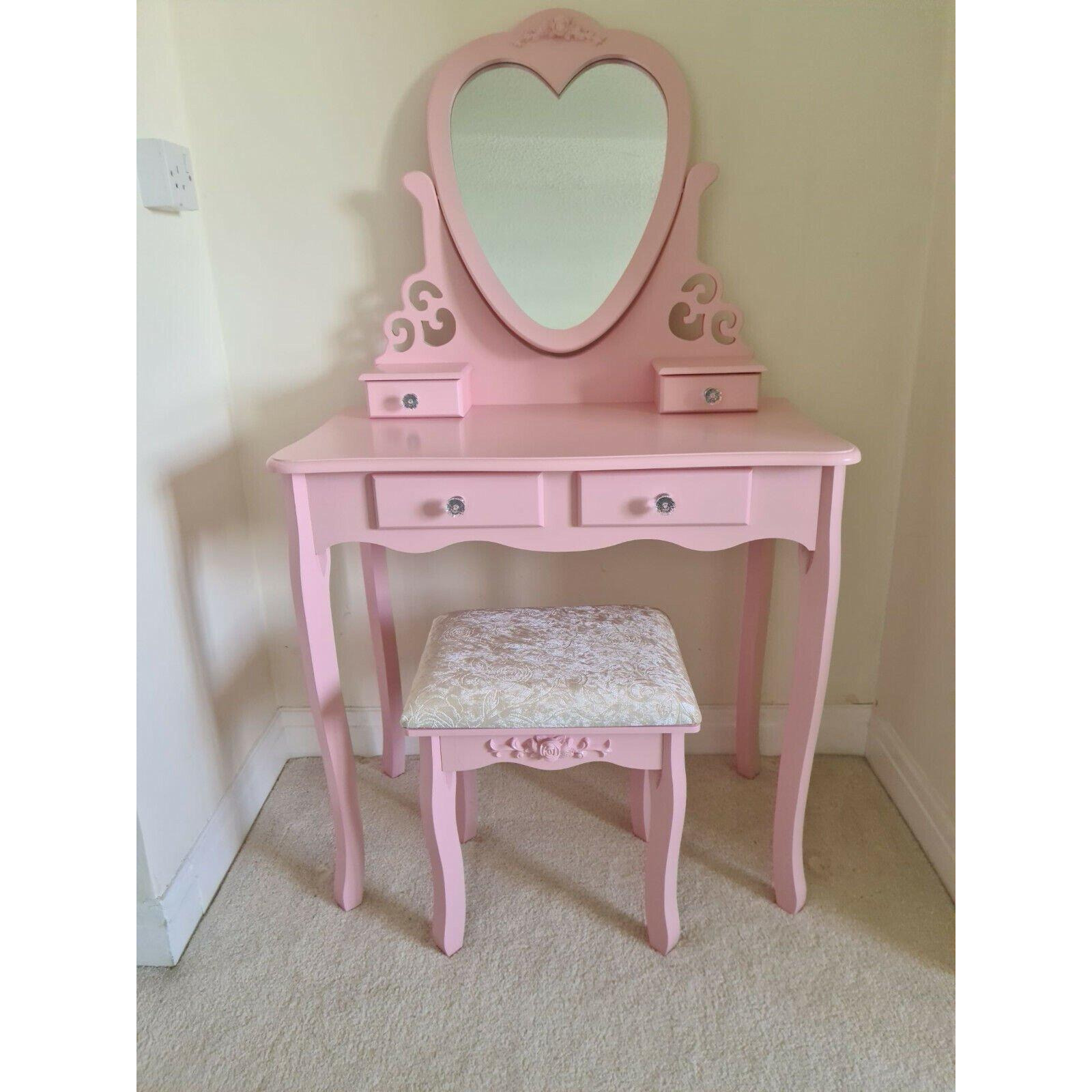 Dressing Table With Mirror Stool Vanity Dresser Vanity Bedroom Pink Love Heart - image 1