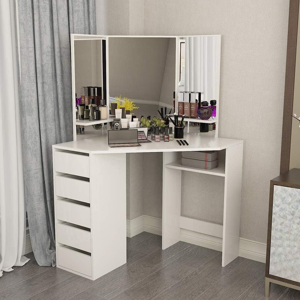 Corner Dressing Table Makeup Vanity Table  With 3 Mirrors 5 drawers - image 1