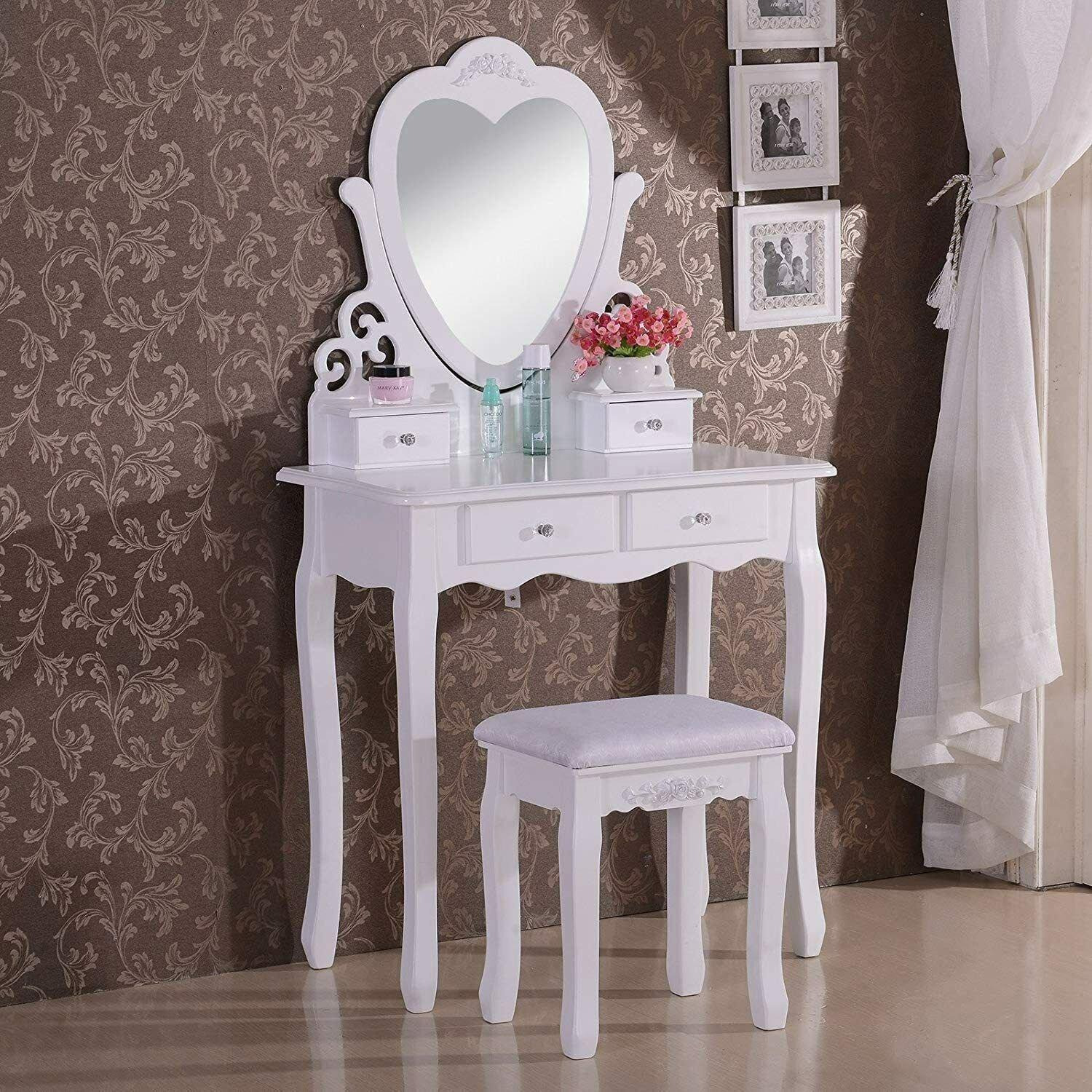 Dressing Table With Mirror Stool Vanity Dresser Bedroom White Love Heart Furniture - image 1