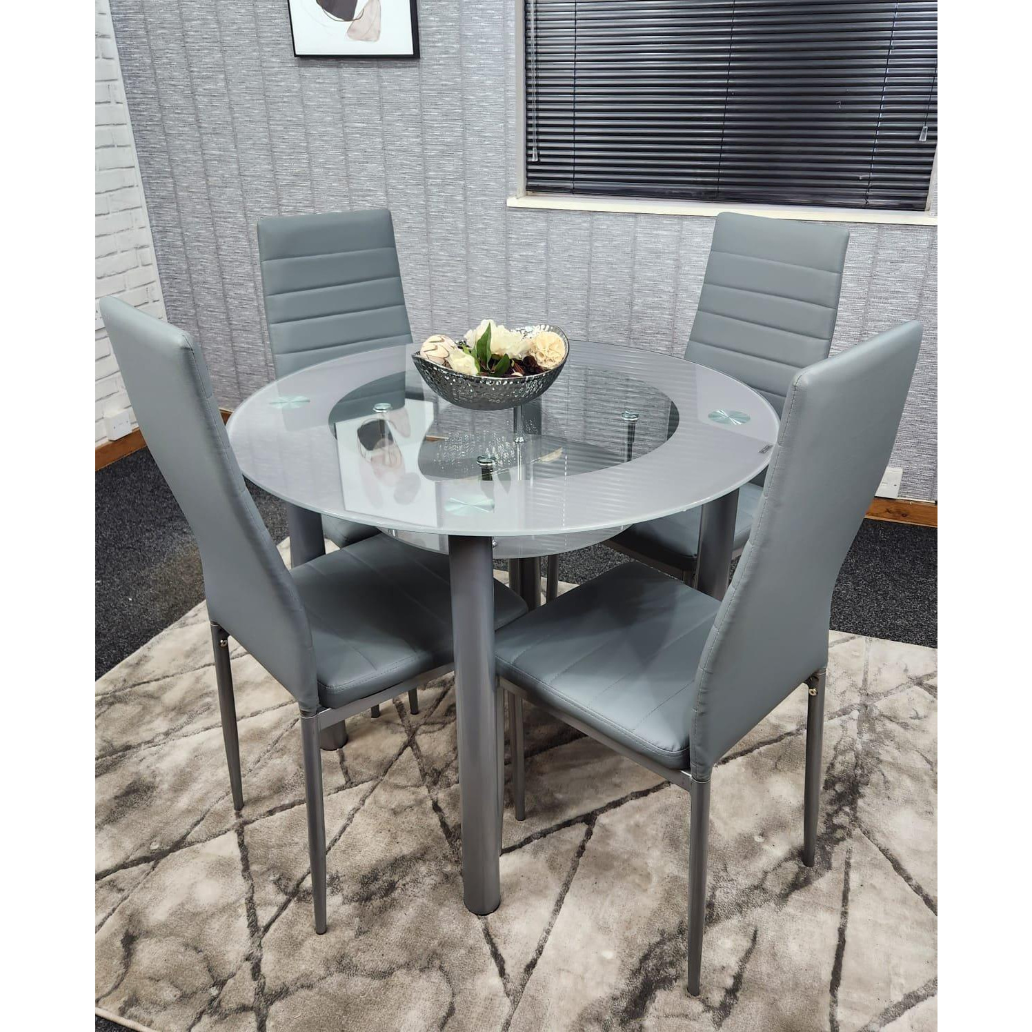Round Glass Grey Kitchen Dining Table With Storage Shelf And 4 Grey Metal Chairs Set - image 1