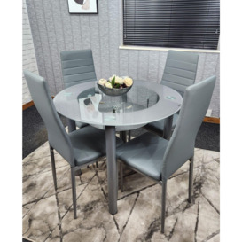 Round Glass Grey Kitchen Dining Table With Storage Shelf And 4 Grey Metal Chairs Set - thumbnail 1