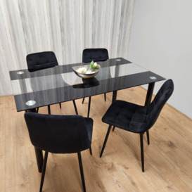 Black Clear Glass Dining Table With 4 Black Tufted Velvet Chairs Kitchen Dining Set - thumbnail 2