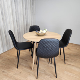 Round Oak Effect Kitchen Dining Table With 4 Black Faux Leather Padded Chairs Dining Set