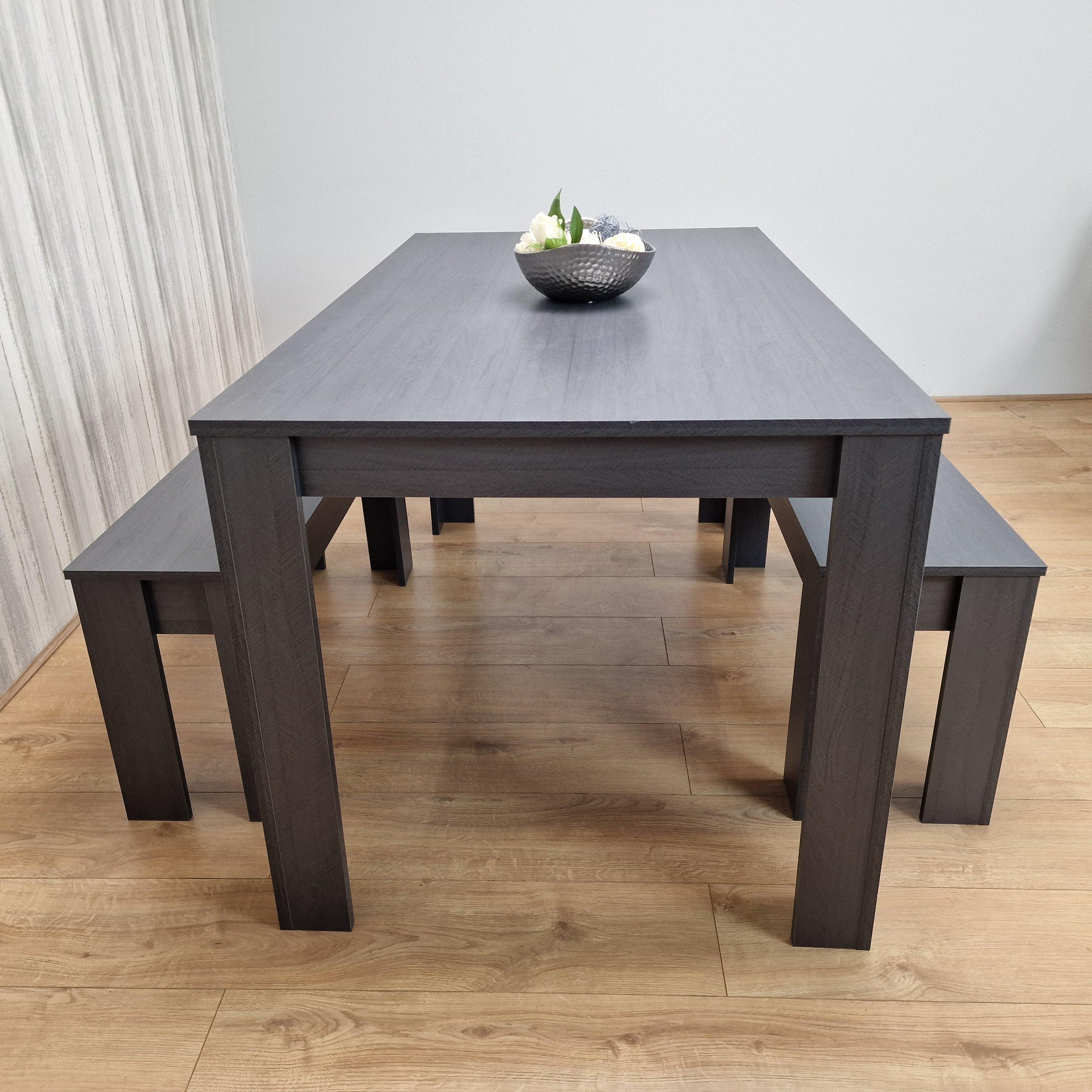 Dining Table Set Grey Dining Table(140x80x75cm) With 2 Benches Kitchen Dining Table Set Dining Room Table for Four - image 1