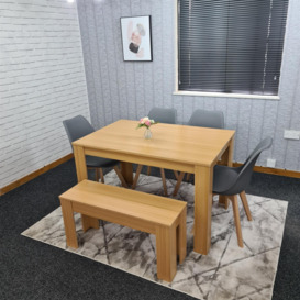 Dining Table Set for 6 with 4 Grey Chairs Dining Room and and Oak effect Benche - thumbnail 1
