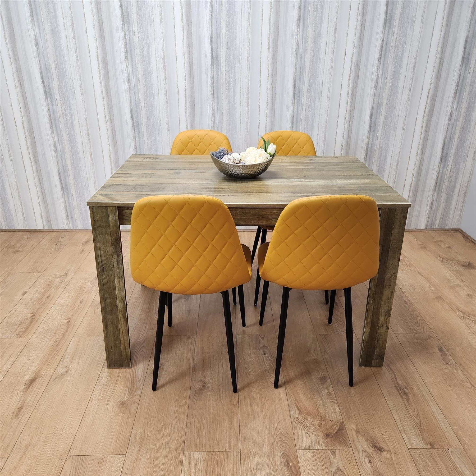 Dining Table and 4 Chairs Rustic Effect Table with 4 Mustard Gem Patterned Chairs - image 1