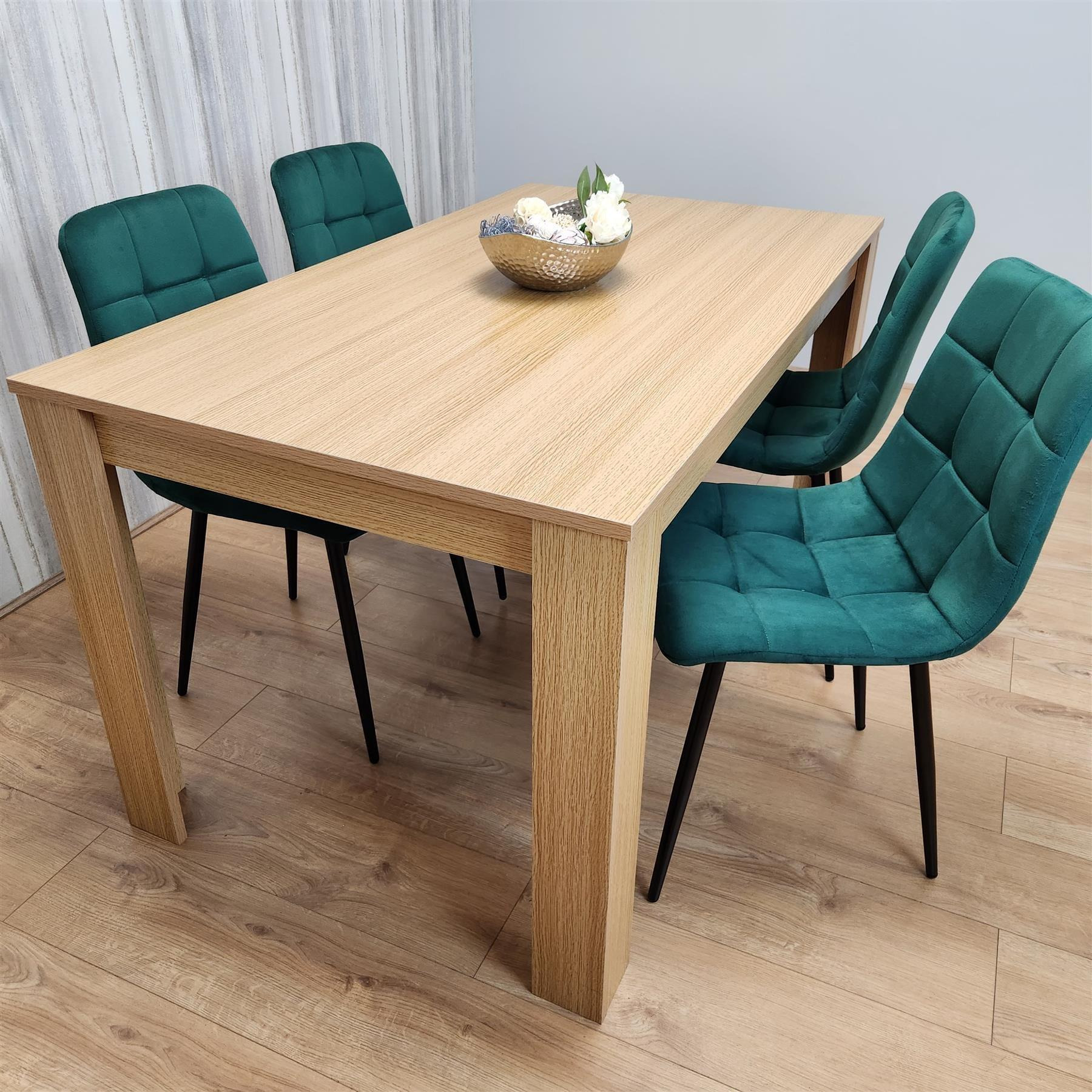 Dining Set of 4 Oak Effect Dining Table and 4 Green Velvet Chairs Dining Room Furniture - image 1