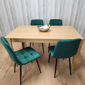 Dining Set of 4 Oak Effect Dining Table and 4 Green Velvet Chairs Dining Room Furniture - thumbnail 3