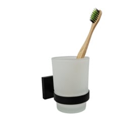 Black Toothbrush Holder with Glass Cup Wall Mounted Bathroom Accessory - thumbnail 1