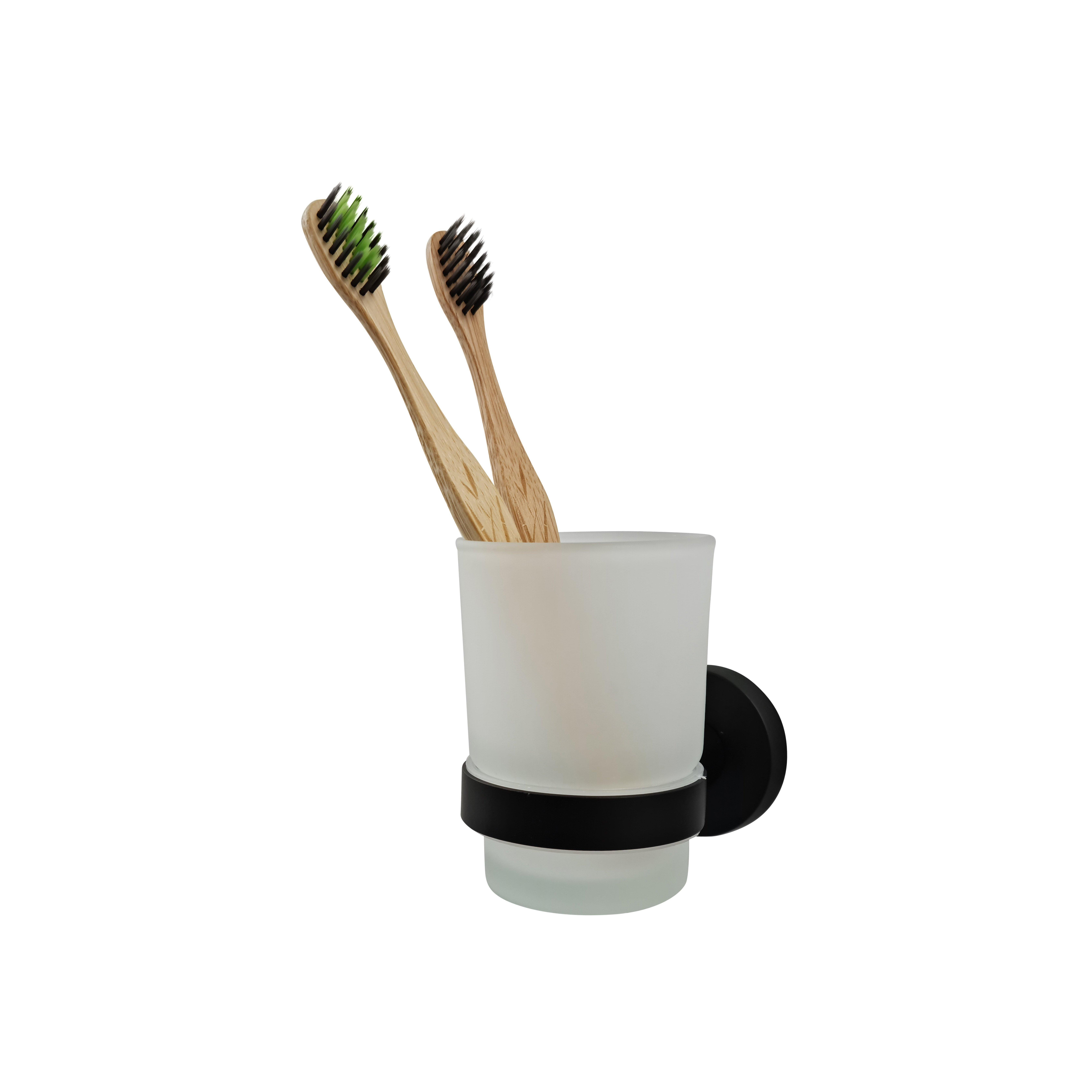Modern Black Finish Toothbrush Holder with Glass Cup Wall Mounted Accessory - image 1