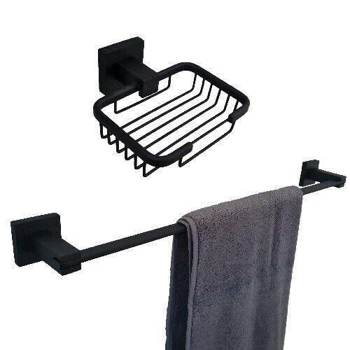 Black Matt Finish Wall Mounted Bathroom Accessory Towel Rail Soap Dish Holder Set Offer - image 1