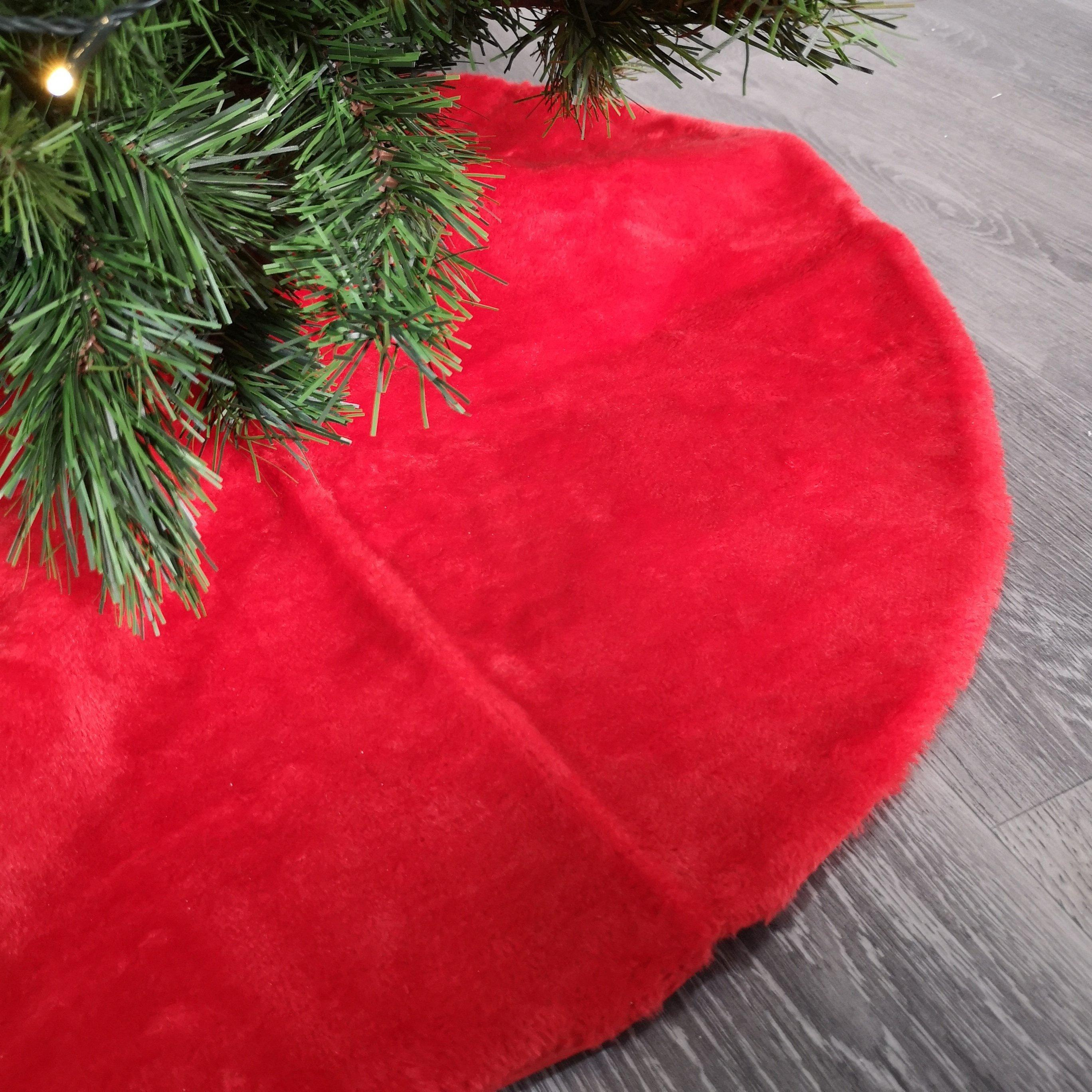 90cm Red Fluffy Plush Christmas Tree Skirt with Ribbon Ties - image 1