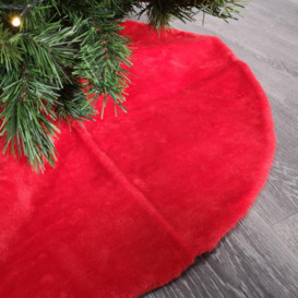 90cm Red Fluffy Plush Christmas Tree Skirt with Ribbon Ties - thumbnail 1
