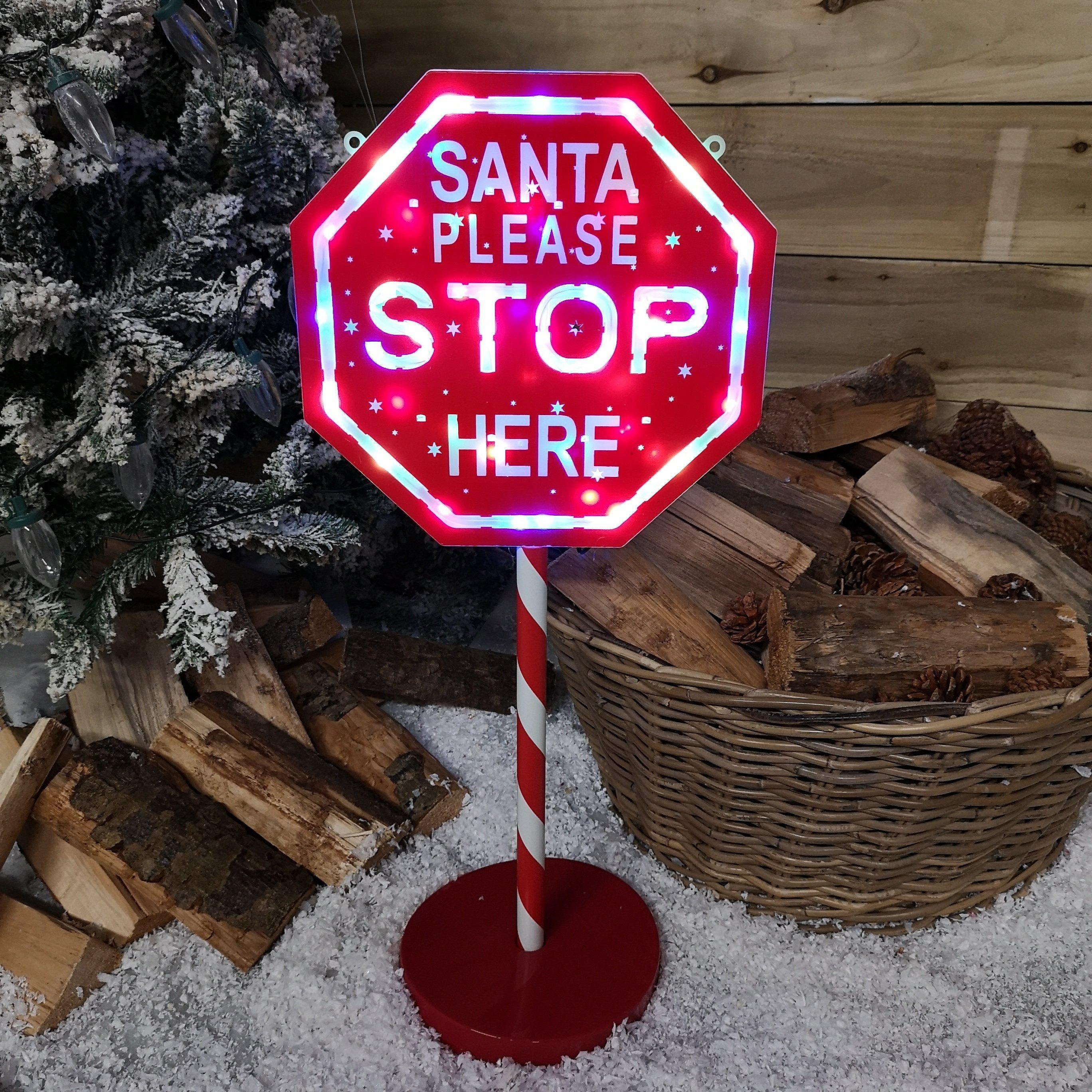65cm Light Up Christmas Red and White Santa Stop Here Outdoor Sign with 45 Multi Colour LED - image 1