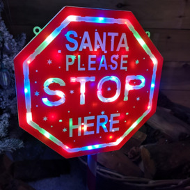 65cm Light Up Christmas Red and White Santa Stop Here Outdoor Sign with 45 Multi Colour LED - thumbnail 2