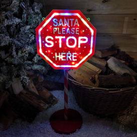 65cm Light Up Christmas Red and White Santa Stop Here Outdoor Sign with 45 Multi Colour LED - thumbnail 3