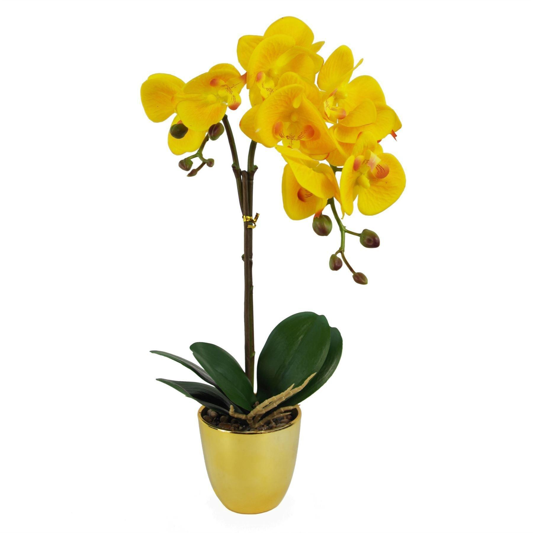 48cm Golden Orchid Artificial  - Yellow with Gold Pot - image 1