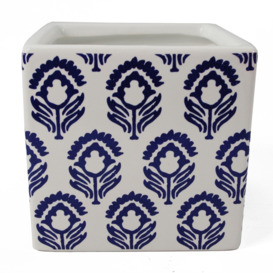 12cm Ceramic Cube Planter with Decorative Print Blue Tulip - thumbnail 3