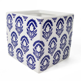12cm Ceramic Cube Planter with Decorative Print Blue Tulip - thumbnail 1