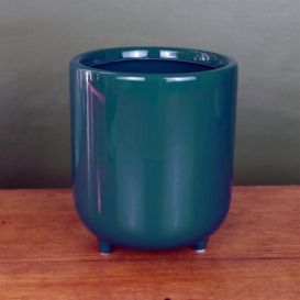 Dark Teal Blue Green Ceramic Planter with Feet Plant Pot