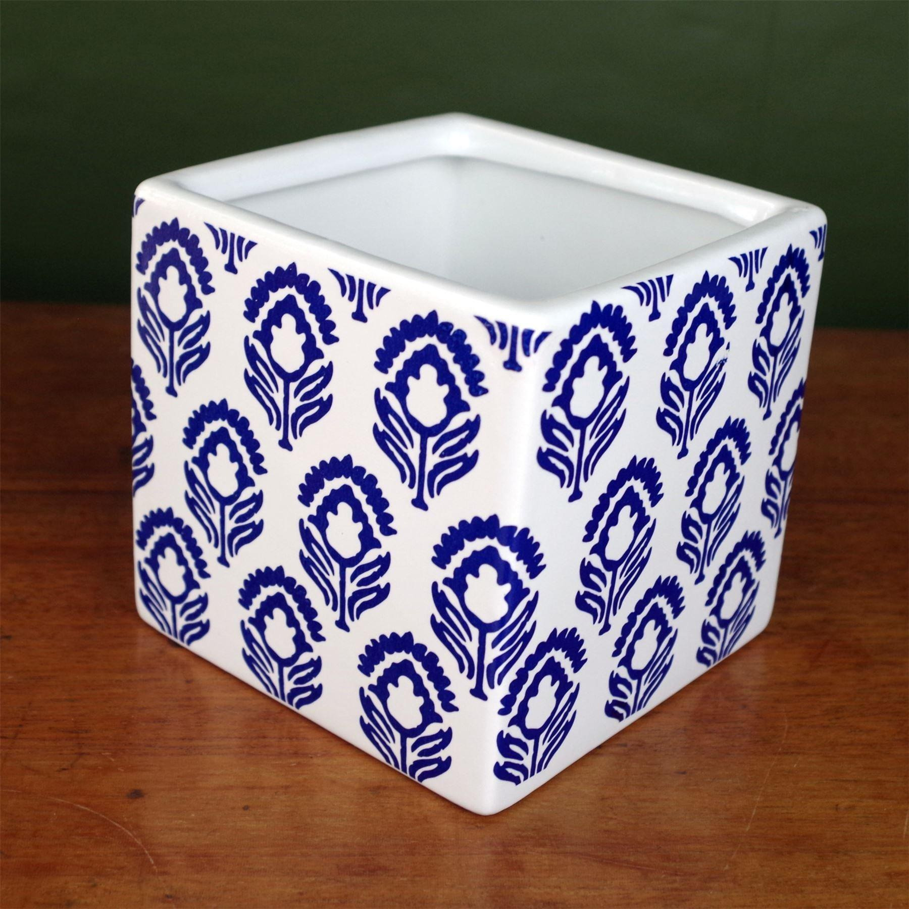 Ceramic Cube Planter Blue White Print Plant Pot - image 1